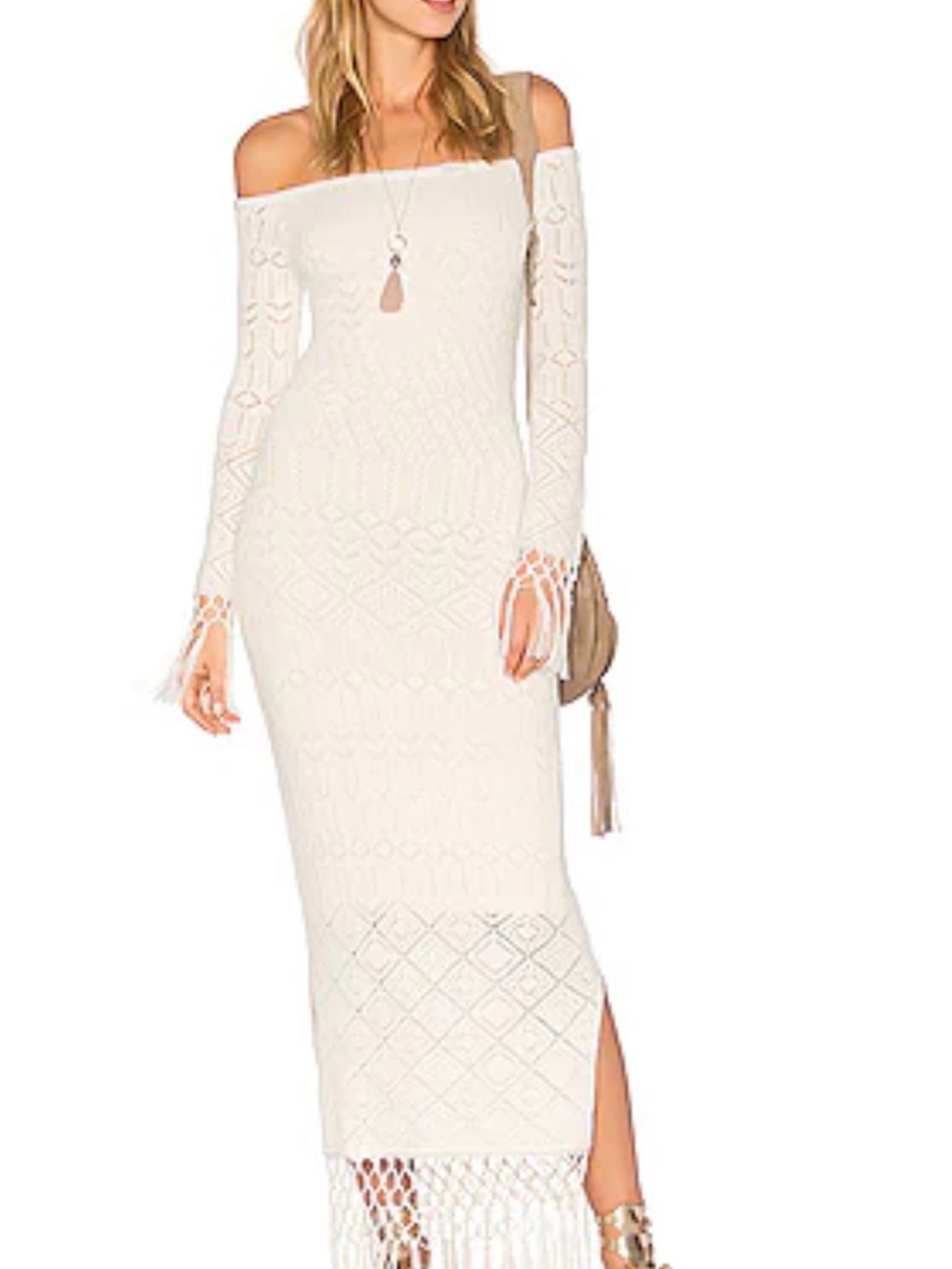House of Harlow 1960 Cream Off-Shoulder Crochet Maxi Dress